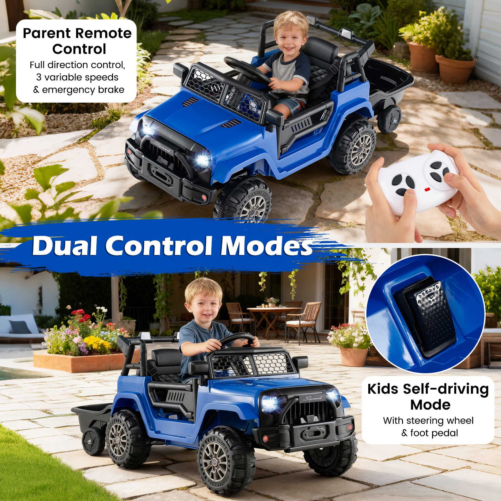 Kids Ride On UTV Car with Detachable Trailer 12V Battery Powered Ride On Truck, Navy Powered Ride On Toys at Gallery Canada