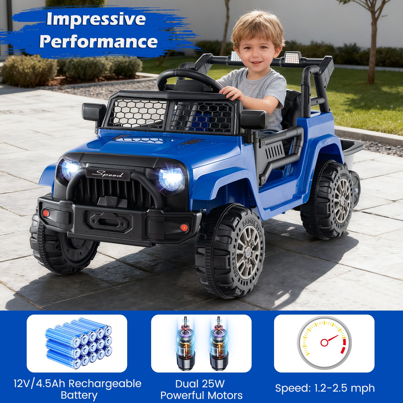 Kids Ride On UTV Car with Detachable Trailer 12V Battery Powered Ride On Truck, Navy Powered Ride On Toys at Gallery Canada