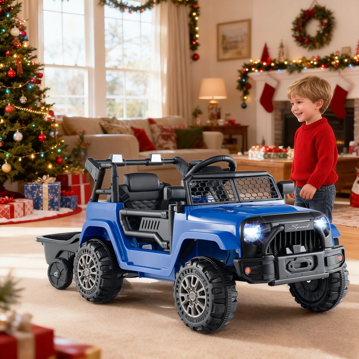 Kids Ride On UTV Car with Detachable Trailer 12V Battery Powered Ride On Truck, Navy Powered Ride On Toys at Gallery Canada