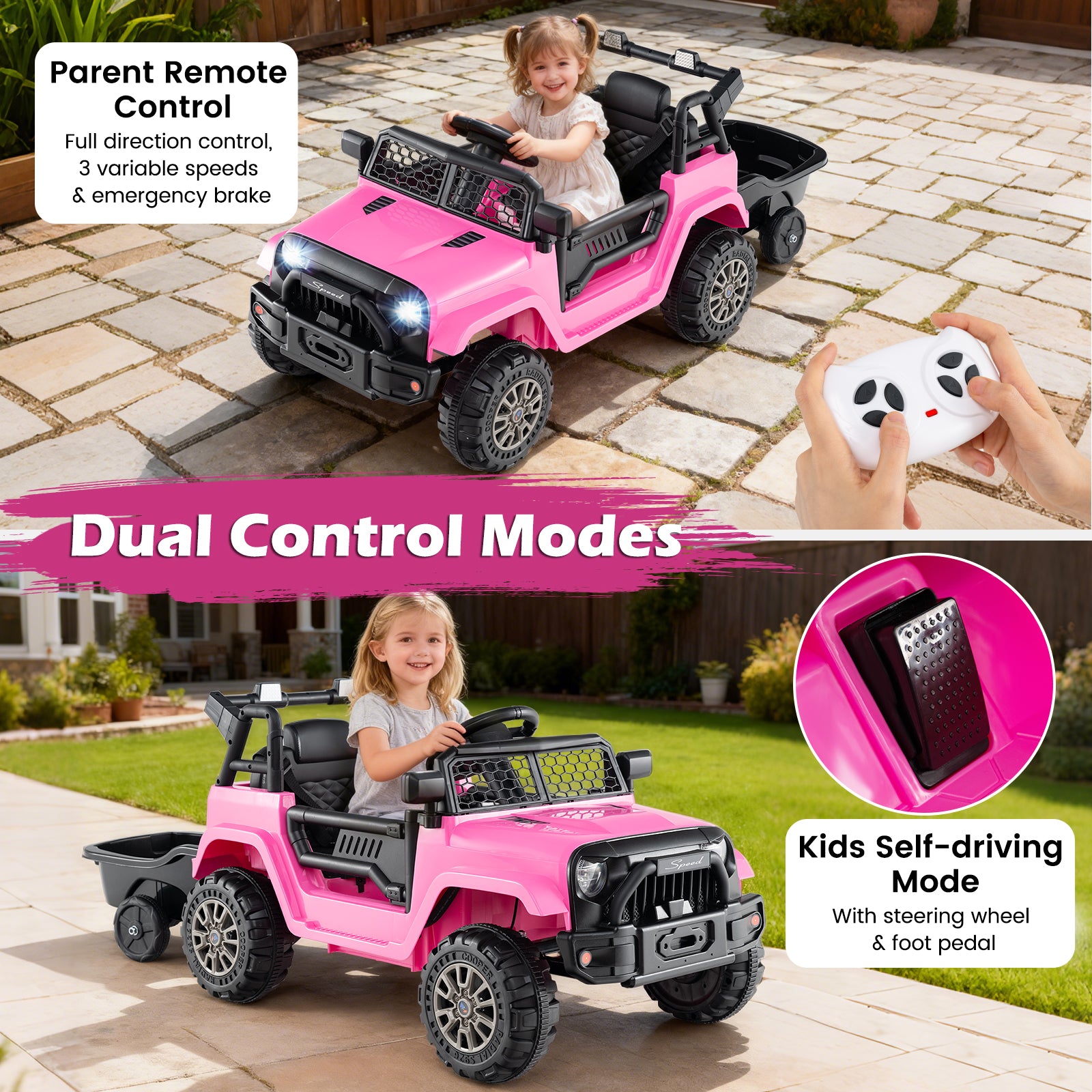 Kids Ride On UTV Car with Detachable Trailer 12V Battery Powered Ride On Truck, Pink Powered Ride On Toys at Gallery Canada