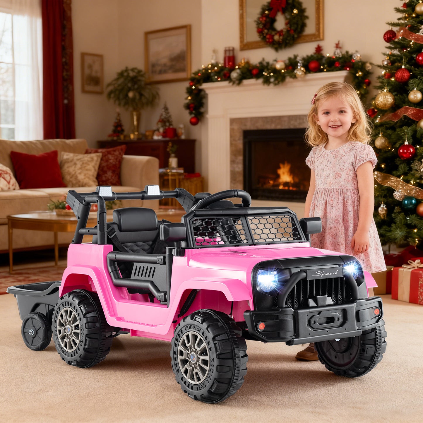 Kids Ride On UTV Car with Detachable Trailer 12V Battery Powered Ride On Truck, Pink Powered Ride On Toys at Gallery Canada