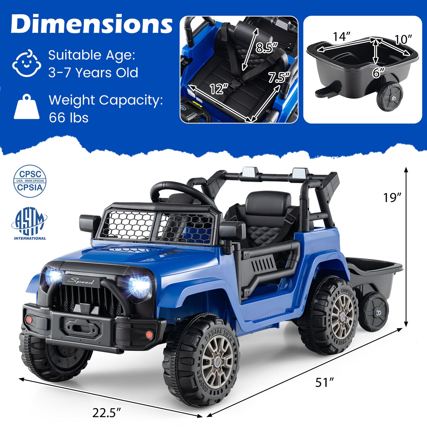 Kids Ride On UTV Car with Detachable Trailer 12V Battery Powered Ride On Truck, Navy Powered Ride On Toys at Gallery Canada