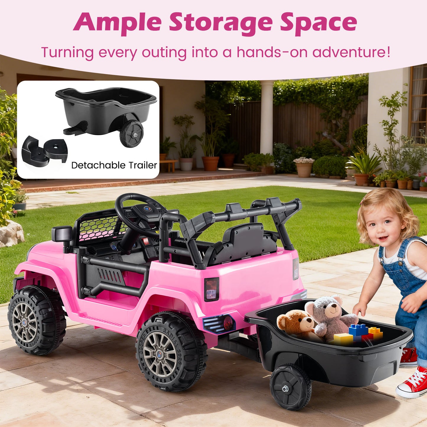 Kids Ride On UTV Car with Detachable Trailer 12V Battery Powered Ride On Truck, Pink Powered Ride On Toys at Gallery Canada