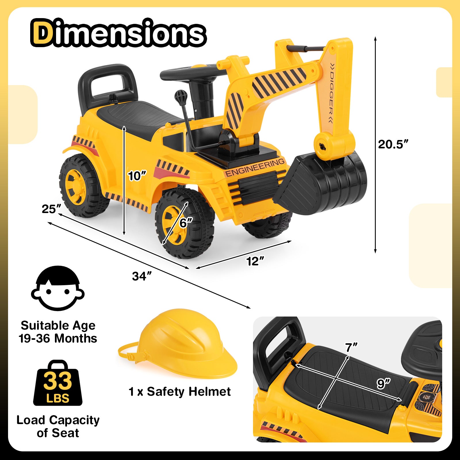 Kids Ride On Excavator, Adjustable Shovel, Yellow Push & Pedal Ride On Toys at Gallery Canada