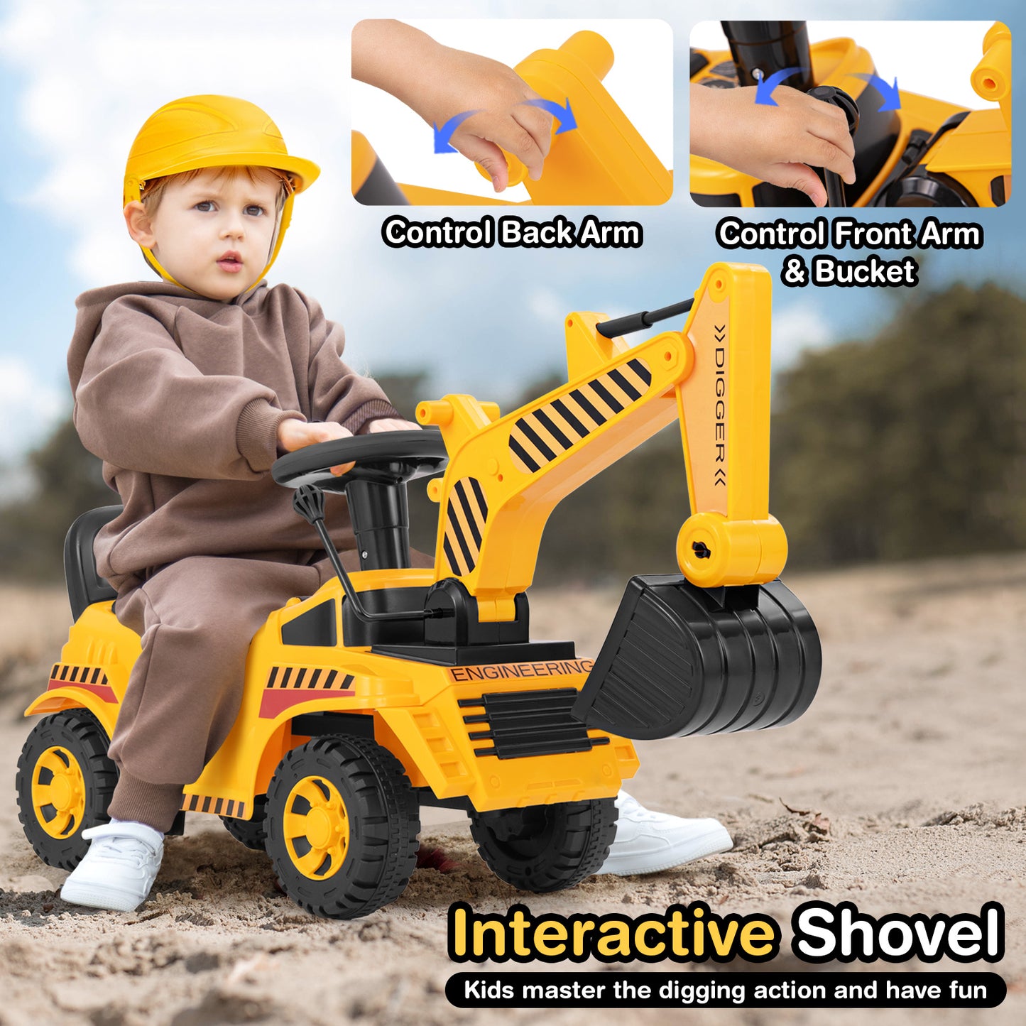 Kids Ride On Excavator, Adjustable Shovel, Yellow Push & Pedal Ride On Toys at Gallery Canada