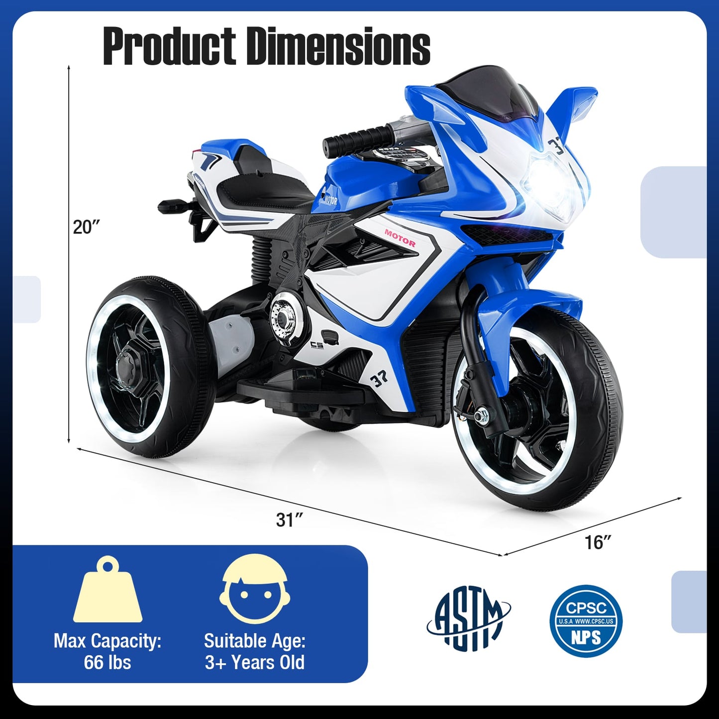 Moto pour Enfants à Monter, Alimentée par Batterie 6V, Lumières LED, Bleu Marine