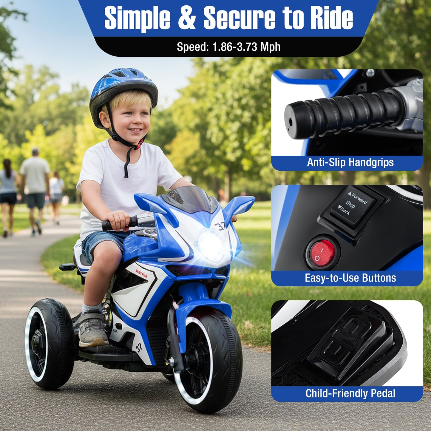 Moto pour Enfants à Monter, Alimentée par Batterie 6V, Lumières LED, Bleu Marine