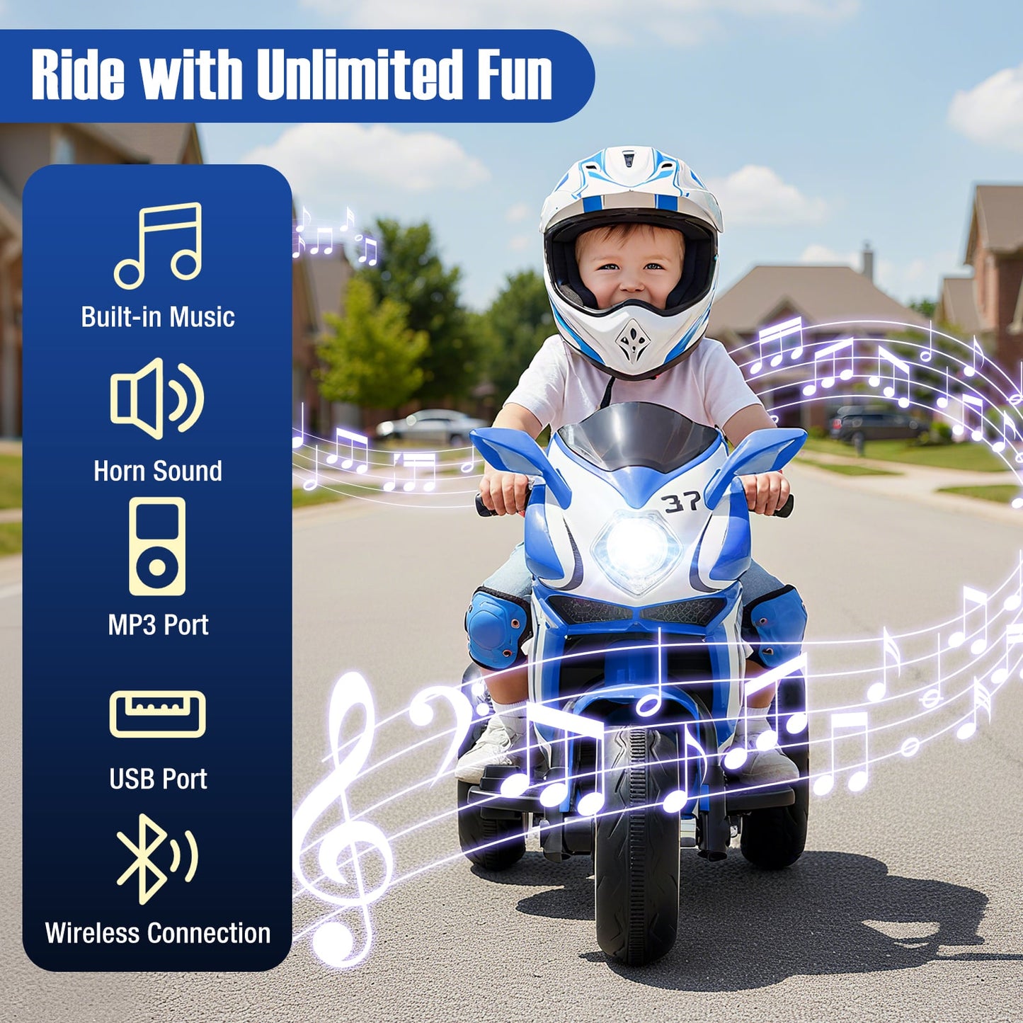 Moto pour Enfants à Monter, Alimentée par Batterie 6V, Lumières LED, Bleu Marine