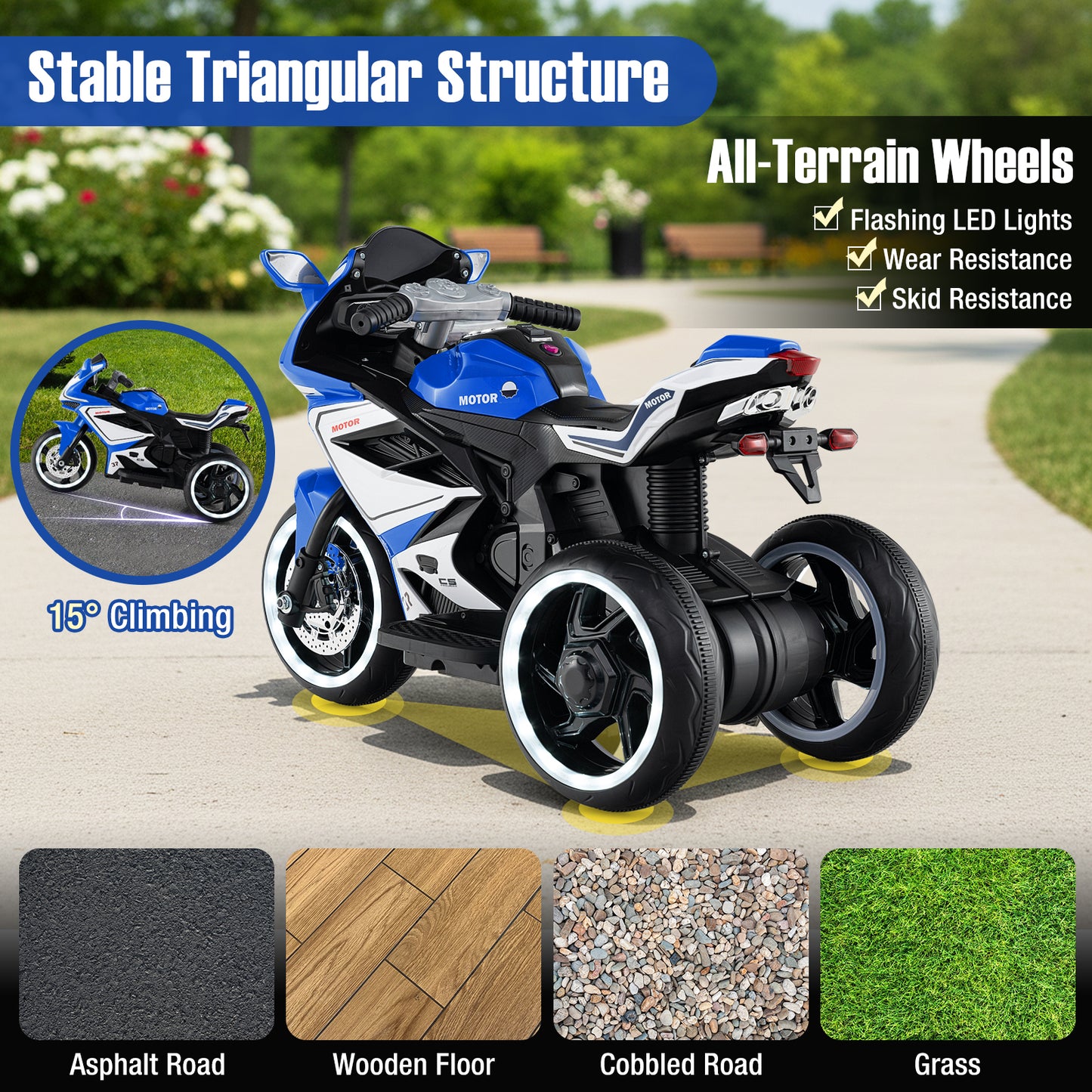 Moto pour Enfants à Monter, Alimentée par Batterie 6V, Lumières LED, Bleu Marine