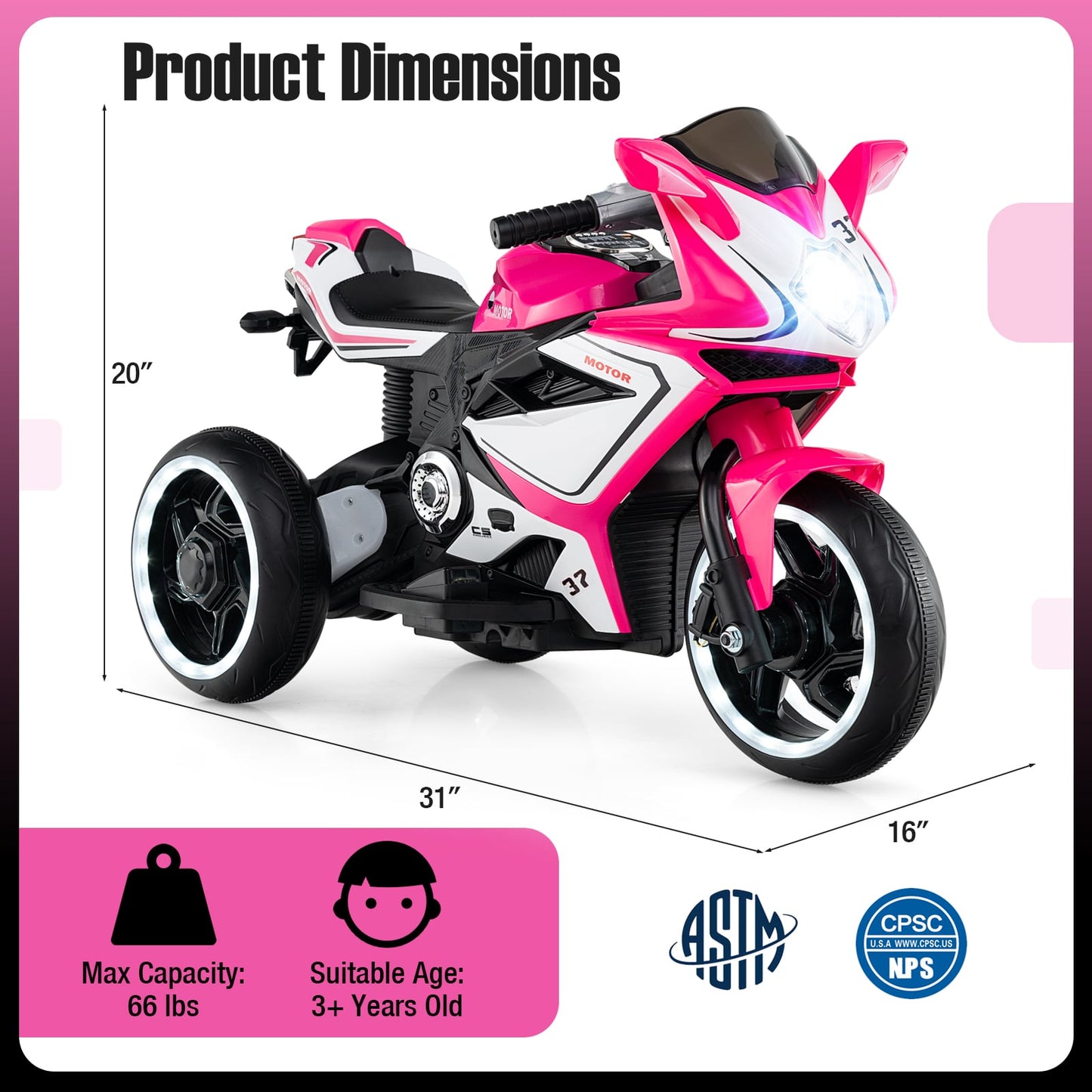 Moto Électrique pour Enfants, Alimentée par Batterie 6V, Rose