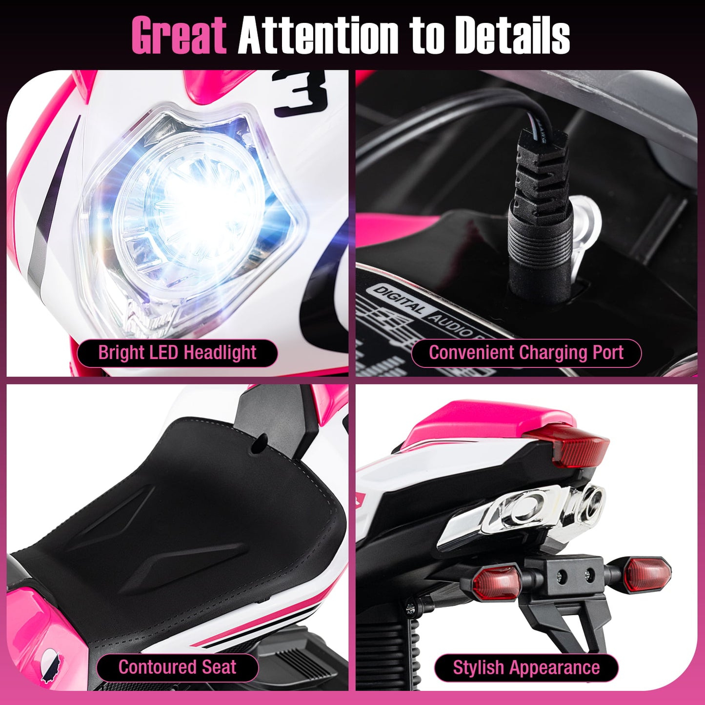 Moto Électrique pour Enfants, Alimentée par Batterie 6V, Rose