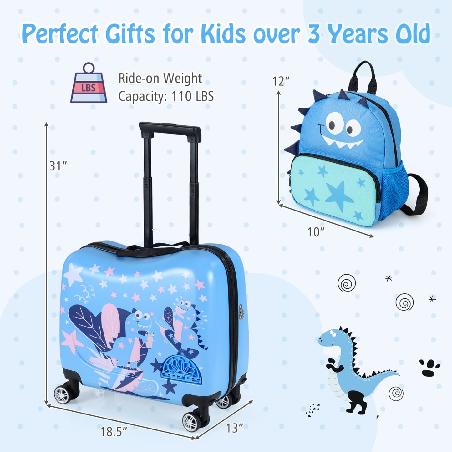 Kids Ride-On Suitcase & Backpack Set, Travel, Blue