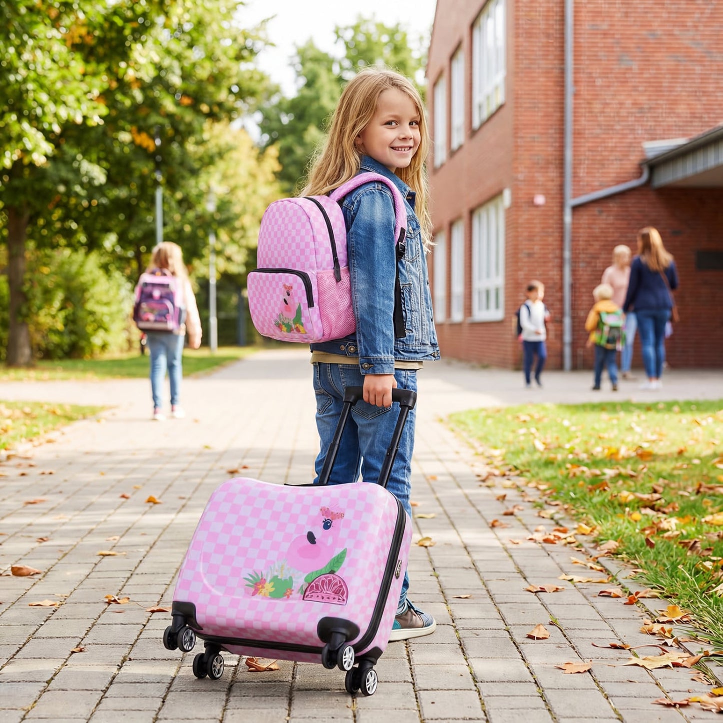 Kids Ride-On Suitcase & Backpack Set, Pink/White