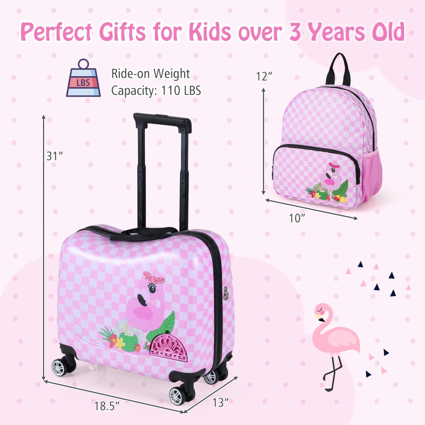 Kids Ride-On Suitcase & Backpack Set, Pink/White