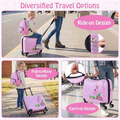 Kids Ride-On Suitcase & Backpack Set, Pink/White