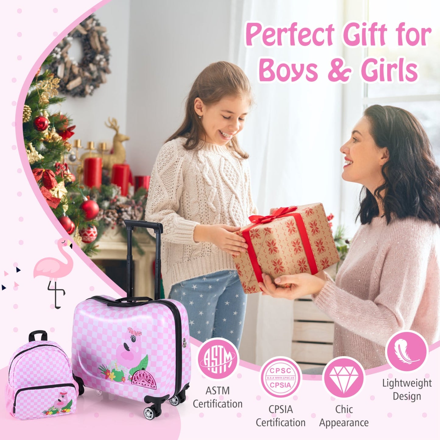 Kids Ride-On Suitcase & Backpack Set, Pink/White