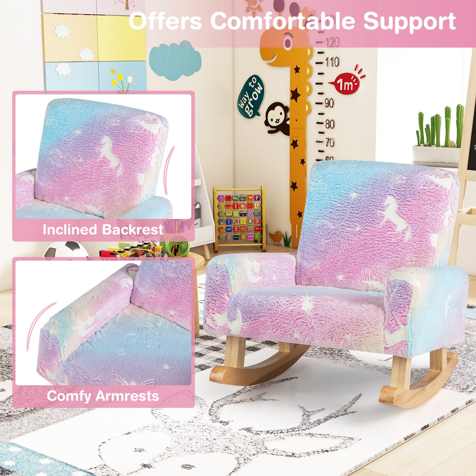 Kids Rocking Chair Upholstered Flannel Children Rocker with Solid Poplar Wood Rocking Feet, Multicolor Kids Chairs & Seating at Gallery Canada