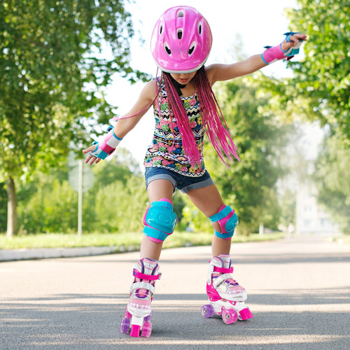 Kids Roller Skates 4 Sizes Adjustable Quad Skates with Light-up Wheels and Safety Protection, Rose Red
