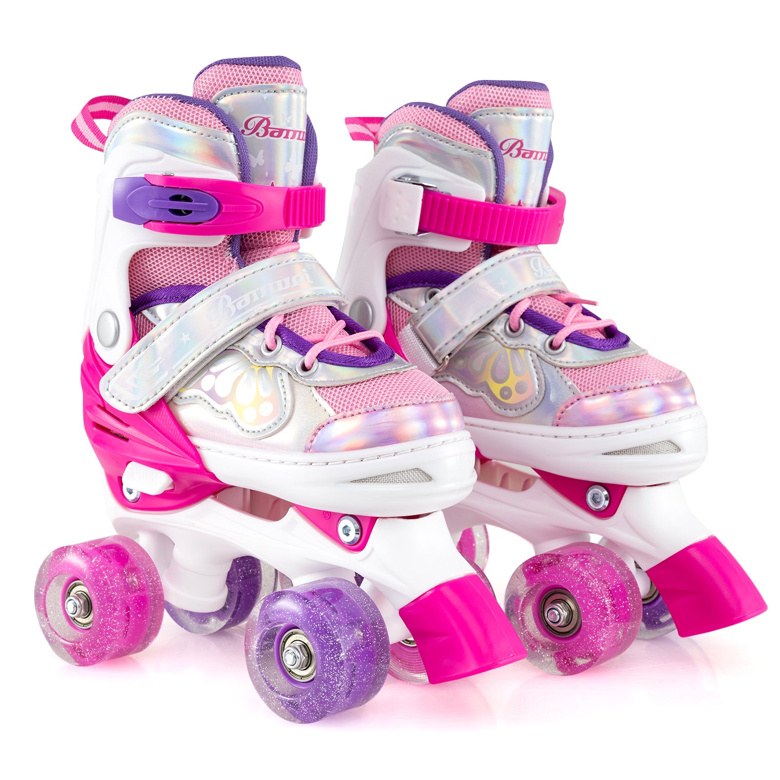 Kids Roller Skates 4 Sizes Adjustable Quad Skates with Light-up Wheels and Safety Protection, Rose Red