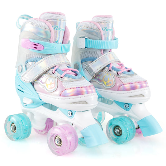 Kids Roller Skates 4 Sizes Adjustable Quad Skates with Light-up Wheels and Safety Protection, Navy