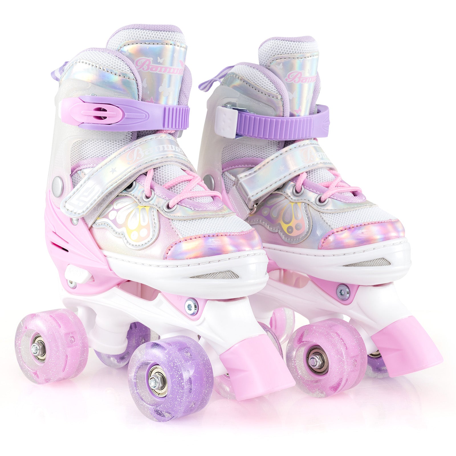 Kids Roller Skates 4 Sizes Adjustable Quad Skates with Light-up Wheels and Safety Protection, Pink
