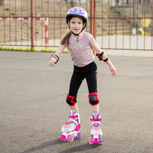 Kids Roller Skates 4 Sizes Adjustable Quad Skates with Light-up Wheels, Rose Red