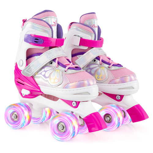 Kids Roller Skates 4 Sizes Adjustable Quad Skates with Light-up Wheels, Rose Red