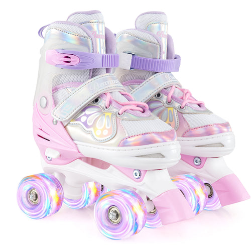 Kids Roller Skates 4 Sizes Adjustable Quad Skates with Light-up Wheels, Pink