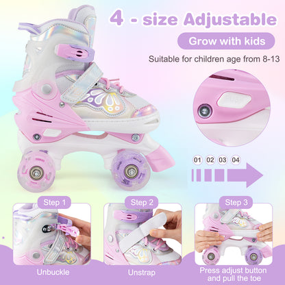 Kids Roller Skates 4 Sizes Adjustable Quad Skates with Light-up Wheels, Pink Toy Sports at Gallery Canada