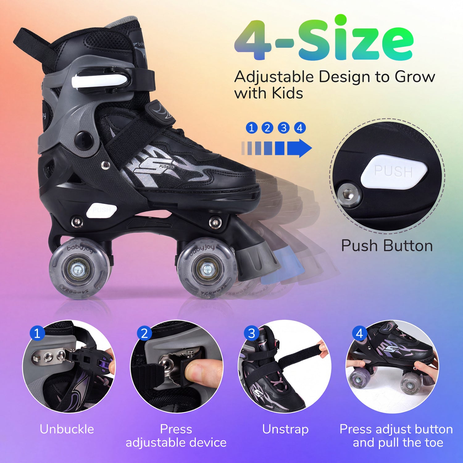 Kids Roller Skates, Adjustable Quad Skates With Light-Up Wheels, 4 Sizes, Black Toy Sports at Gallery Canada