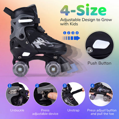 Kids Roller Skates, Adjustable Quad Skates With Light-Up Wheels, 4 Sizes, Black Toy Sports at Gallery Canada