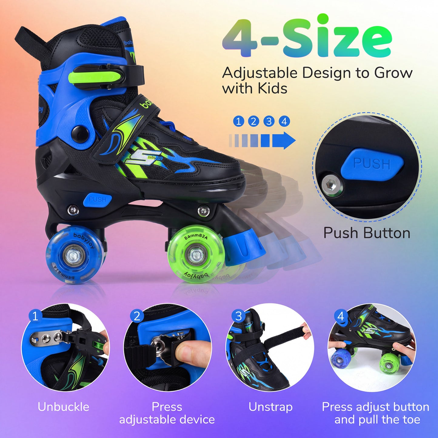 Kids Adjustable Quad Roller Skates, 4 Sizes, Light-Up Wheels, Navy Toy Sports at Gallery Canada