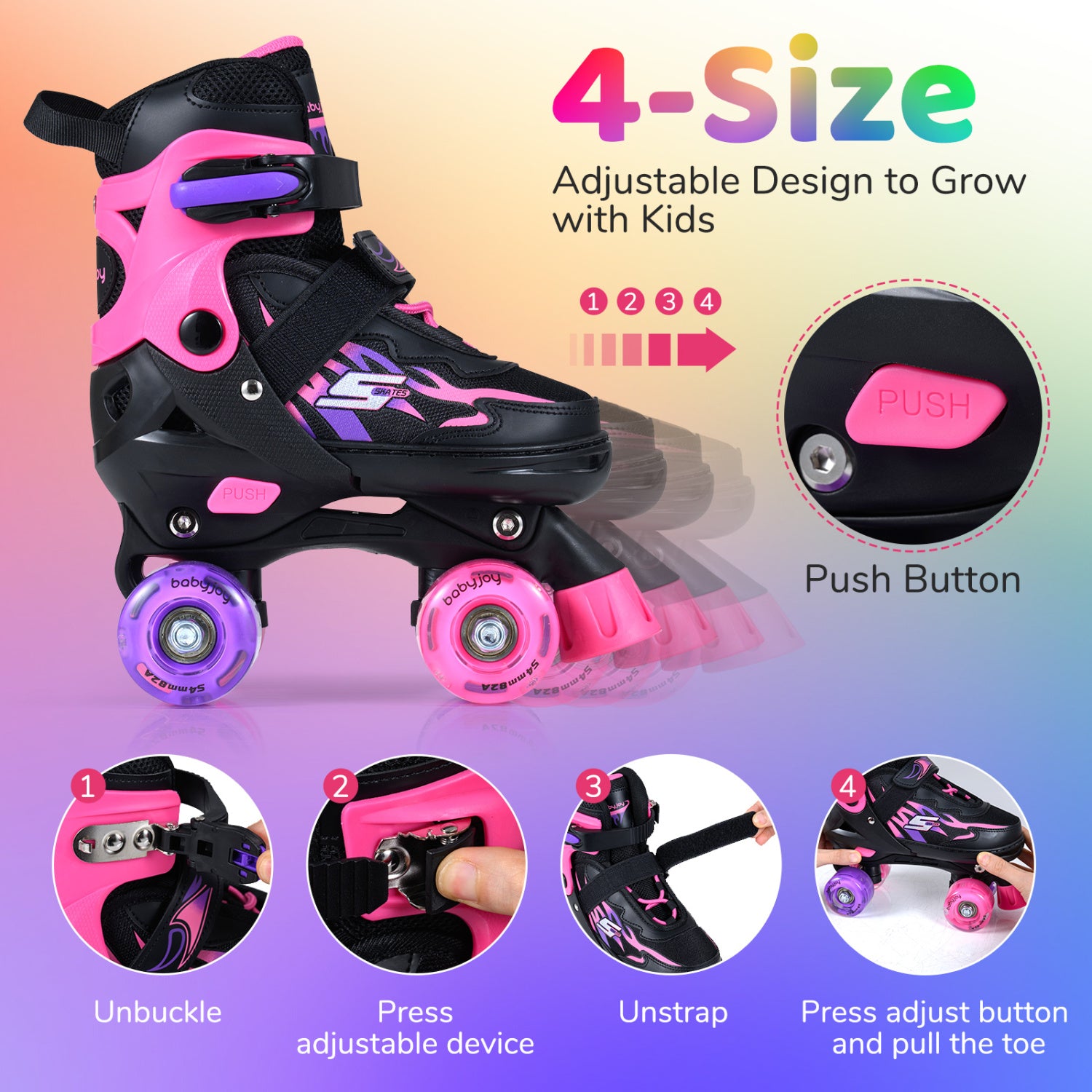 Kids Roller Skates, 4 Sizes Adjustable, Light-Up Wheels, Pink Toy Sports at Gallery Canada