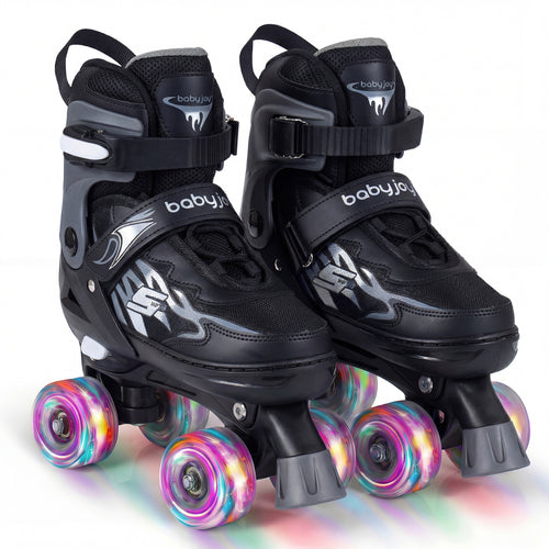 Kids Adjustable Quad Roller Skates, 4 Sizes, Light-Up Wheels, Black