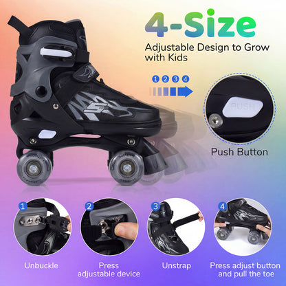 Kids Adjustable Quad Roller Skates, 4 Sizes, Light-Up Wheels, Black Toy Sports at Gallery Canada