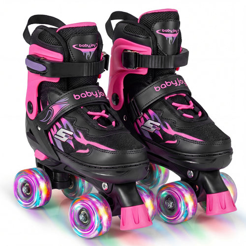 Kids Roller Skates, Adjustable Quad Skates With Light-Up Wheels, 4 Sizes, Pink