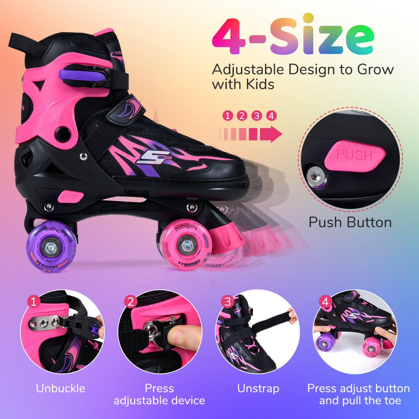 Kids Roller Skates, Adjustable Quad Skates With Light-Up Wheels, 4 Sizes, Pink Toy Sports at Gallery Canada