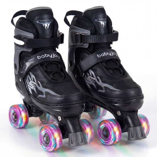 Kids Roller Skates, Adjustable Quad, Light-Up Wheels, Black