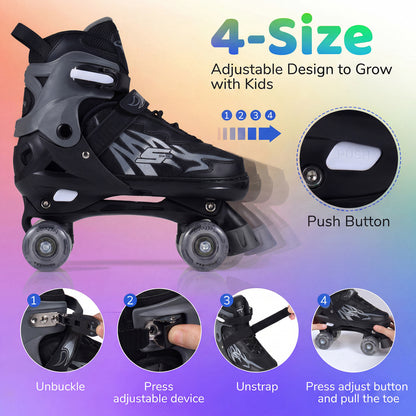 Kids Roller Skates, Adjustable Quad, Light-Up Wheels, Black Toy Sports at Gallery Canada