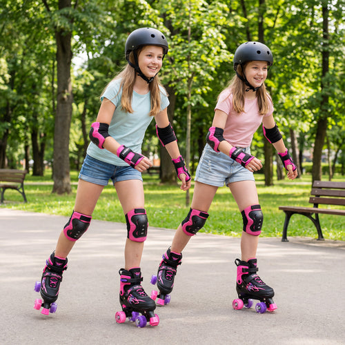 Kids Roller Skates, Adjustable Quad Skates With Light-Up Wheels, Pink