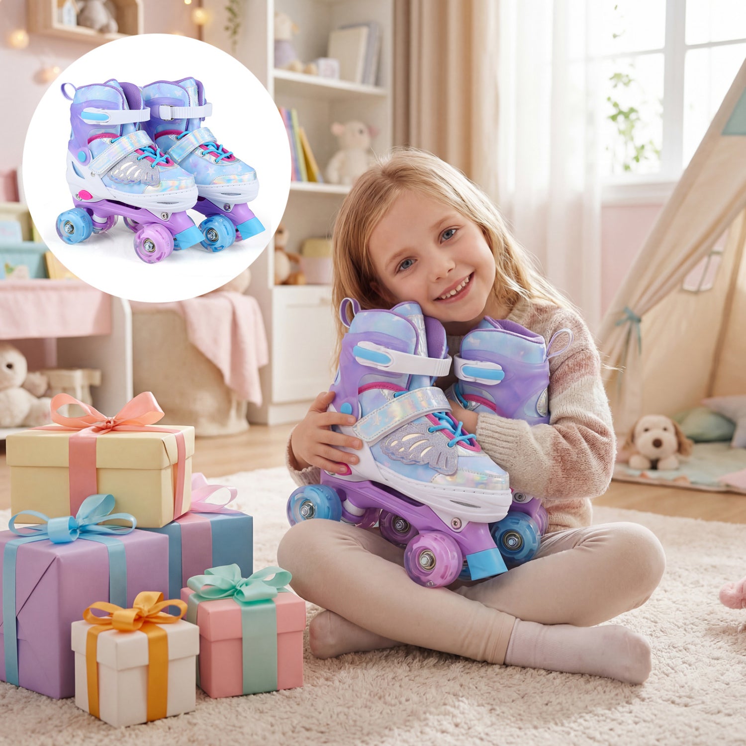 Kids Roller Skates, Ages 7-9, 4 Light Up Wheels, Blue Toy Sports at Gallery Canada