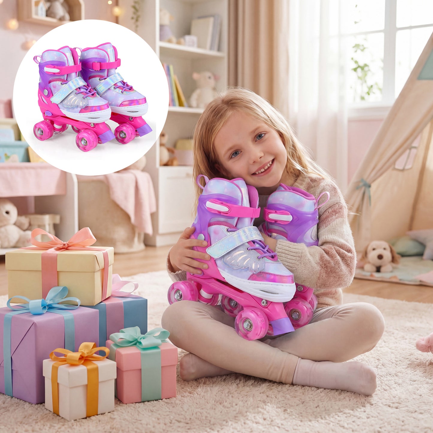Kids Roller Skates, Ages 7-9, 4 Light Up Wheels, Pink Toy Sports at Gallery Canada