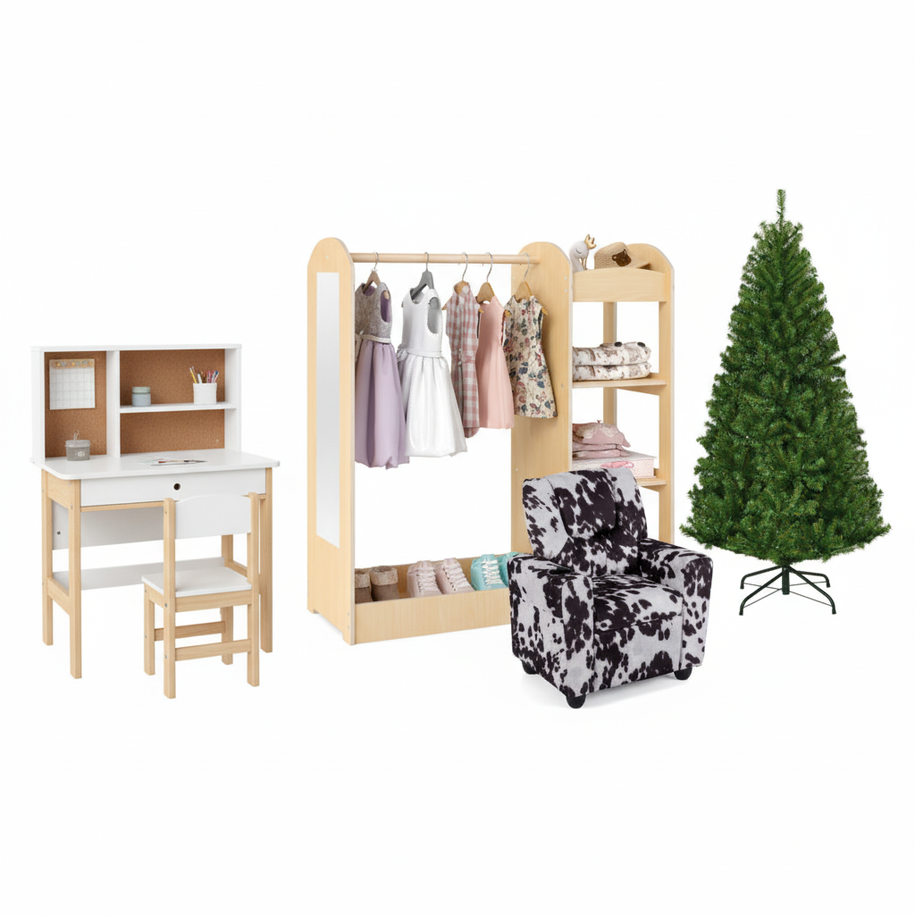 Kids Room Set: Recliner + Natural Study Desk & Chair + 4-ft Christmas Tree + Natural Dress-Up Storage Toddler & Kids Furniture at Gallery Canada