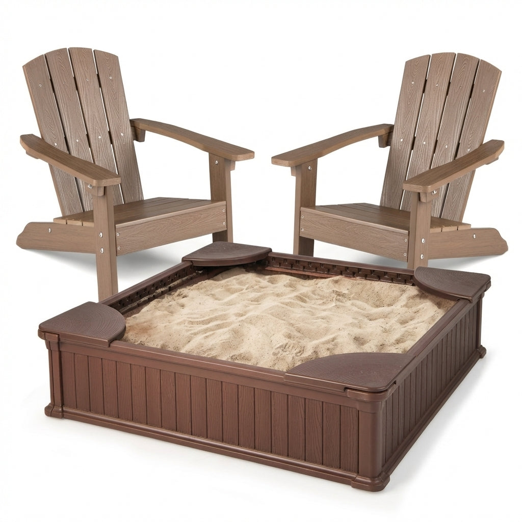 Kids Sandbox With Cover, Seats, 2 Adirondack Chairs, Brown Toddler & Kids Furniture Brown at Gallery Canada