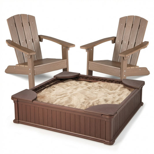 Kids Sandbox With Cover, Seats, 2 Adirondack Chairs, Brown Toddler & Kids Furniture Brown at Gallery Canada