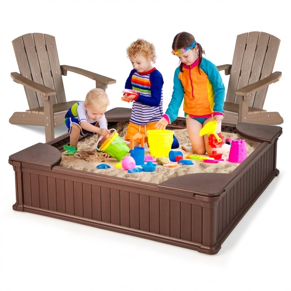 Kids Sandbox With Cover, Seats, 2 Adirondack Chairs, Brown Toddler & Kids Furniture at Gallery Canada