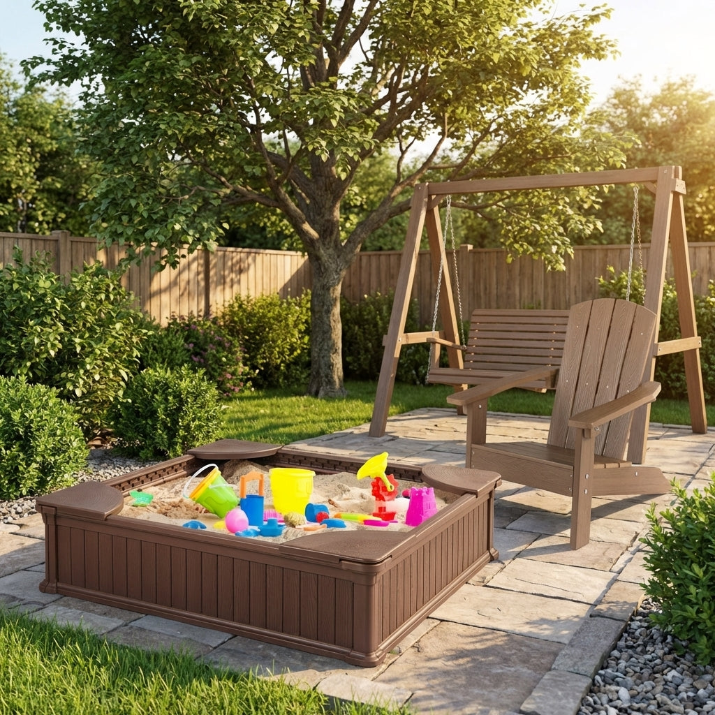 Kids Sandbox With Cover, Seats, 2 Adirondack Chairs, Brown Toddler & Kids Furniture at Gallery Canada