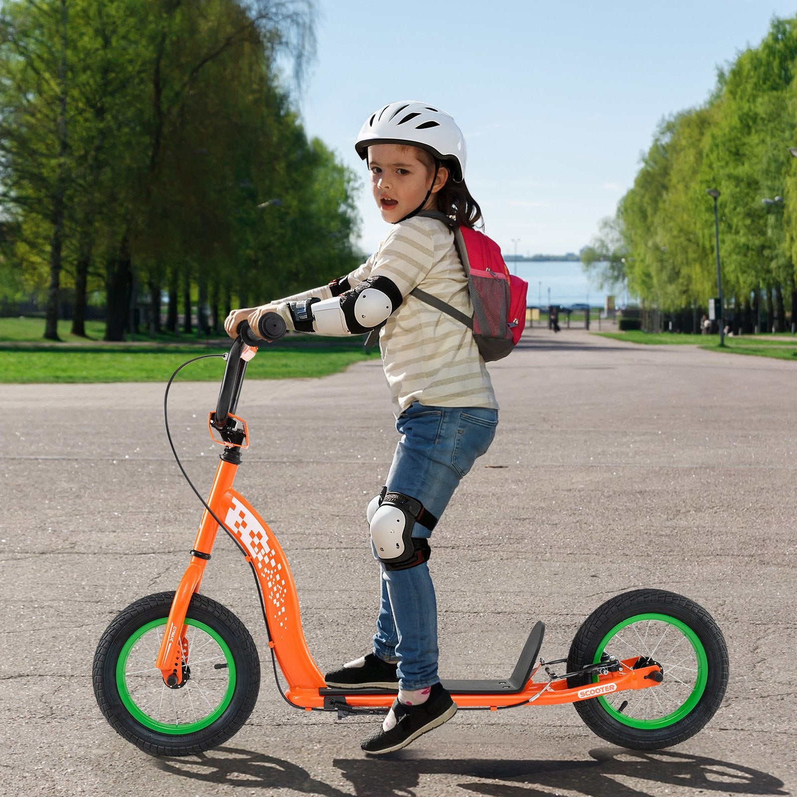 Kids Scooter Youth Kick Scooter with Adjustable Height Handlebar 12-Inch Inflatable Wheels, Orange Scooters at Gallery Canada