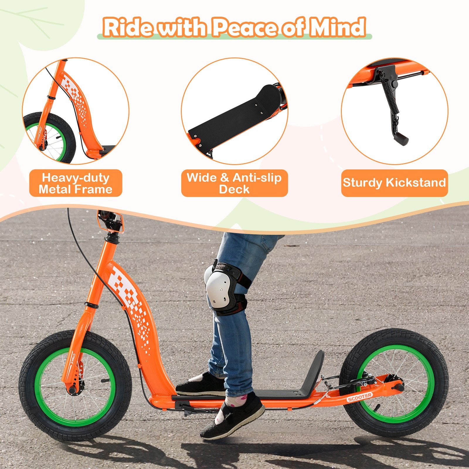 Kids Scooter Youth Kick Scooter with Adjustable Height Handlebar 12-Inch Inflatable Wheels, Orange Scooters at Gallery Canada