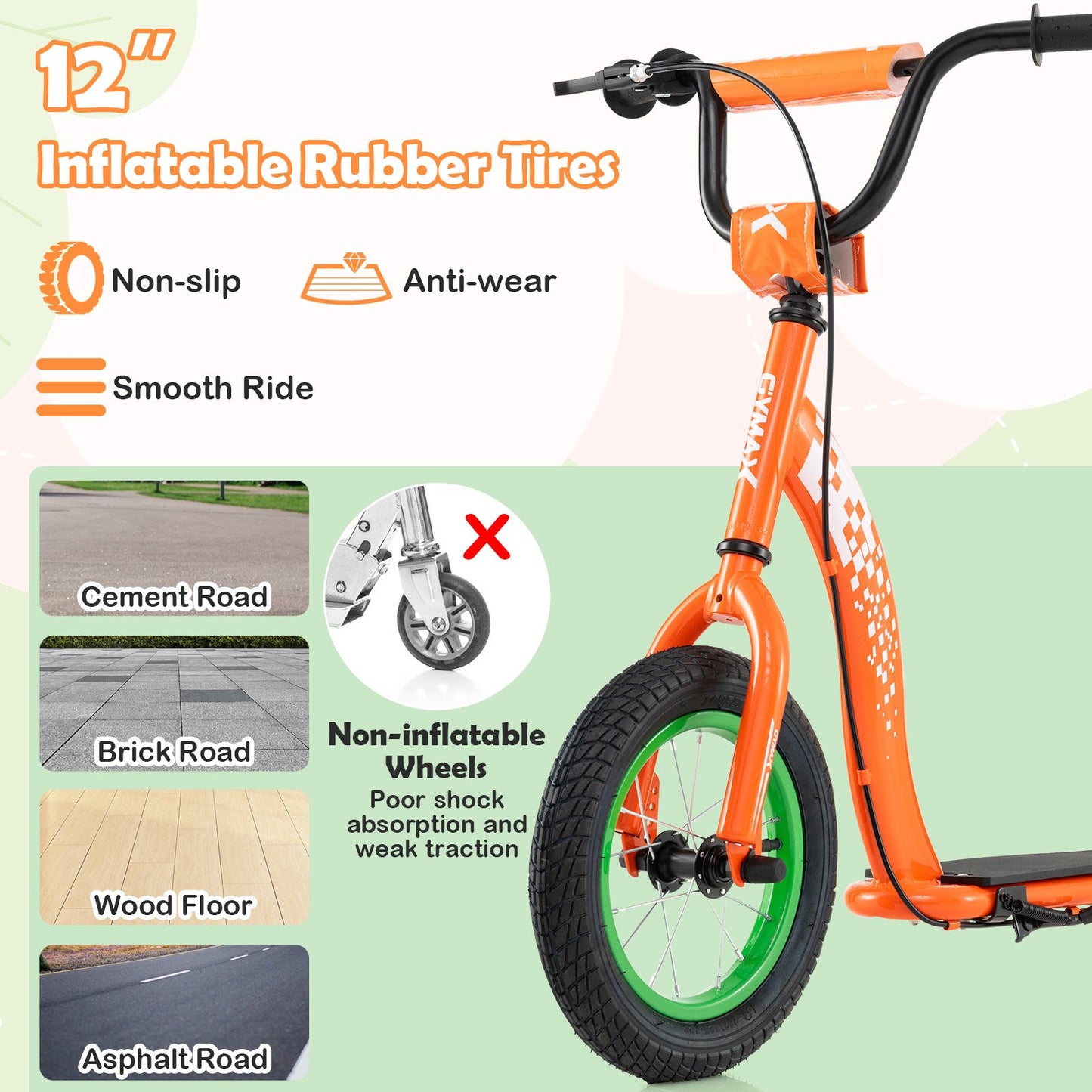 Kids Scooter Youth Kick Scooter with Adjustable Height Handlebar 12-Inch Inflatable Wheels, Orange Scooters at Gallery Canada